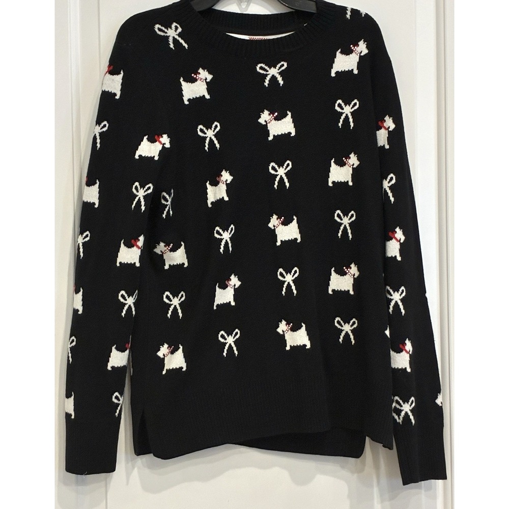Charter Club Black Scottie Dog Bow Print Knit Sweater M Coquette Cottagecore